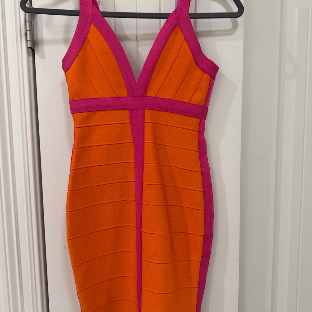Hot Miami Styles  Orange and Pink bandage dress